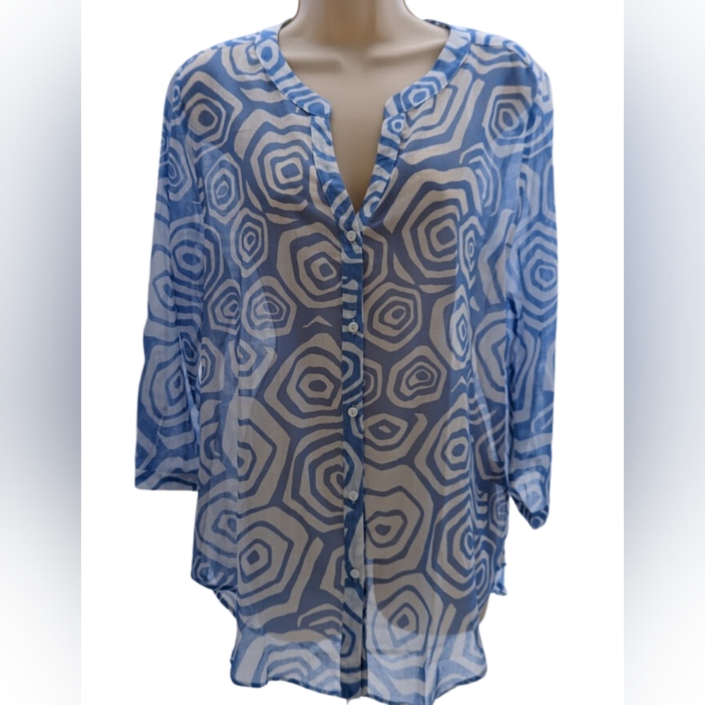 NWT 100% Cotton Blue & White Sheer V-Neck Button Down Camicetta Snob Blouse EU48